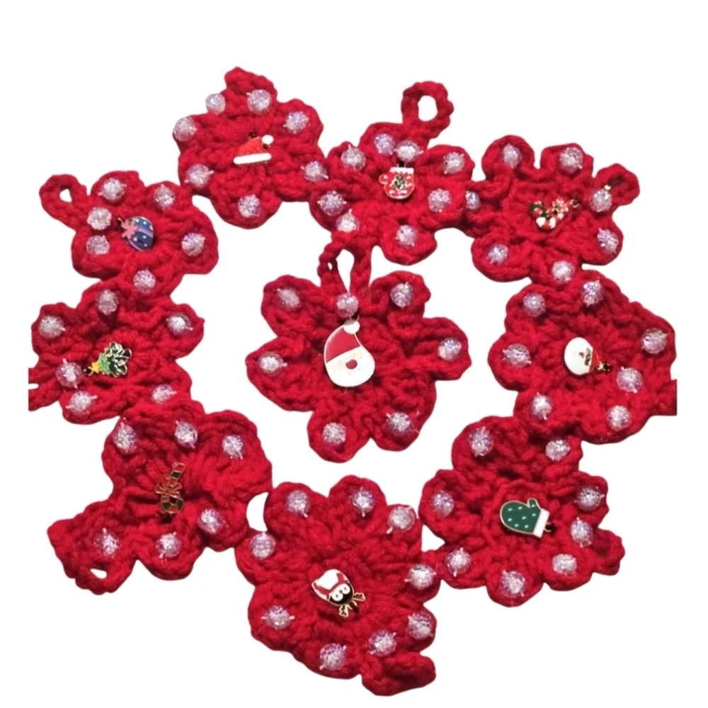 Hand Crafted Upcycled Chritsmas Ornaments Hand Crochet red beaded floral pattern